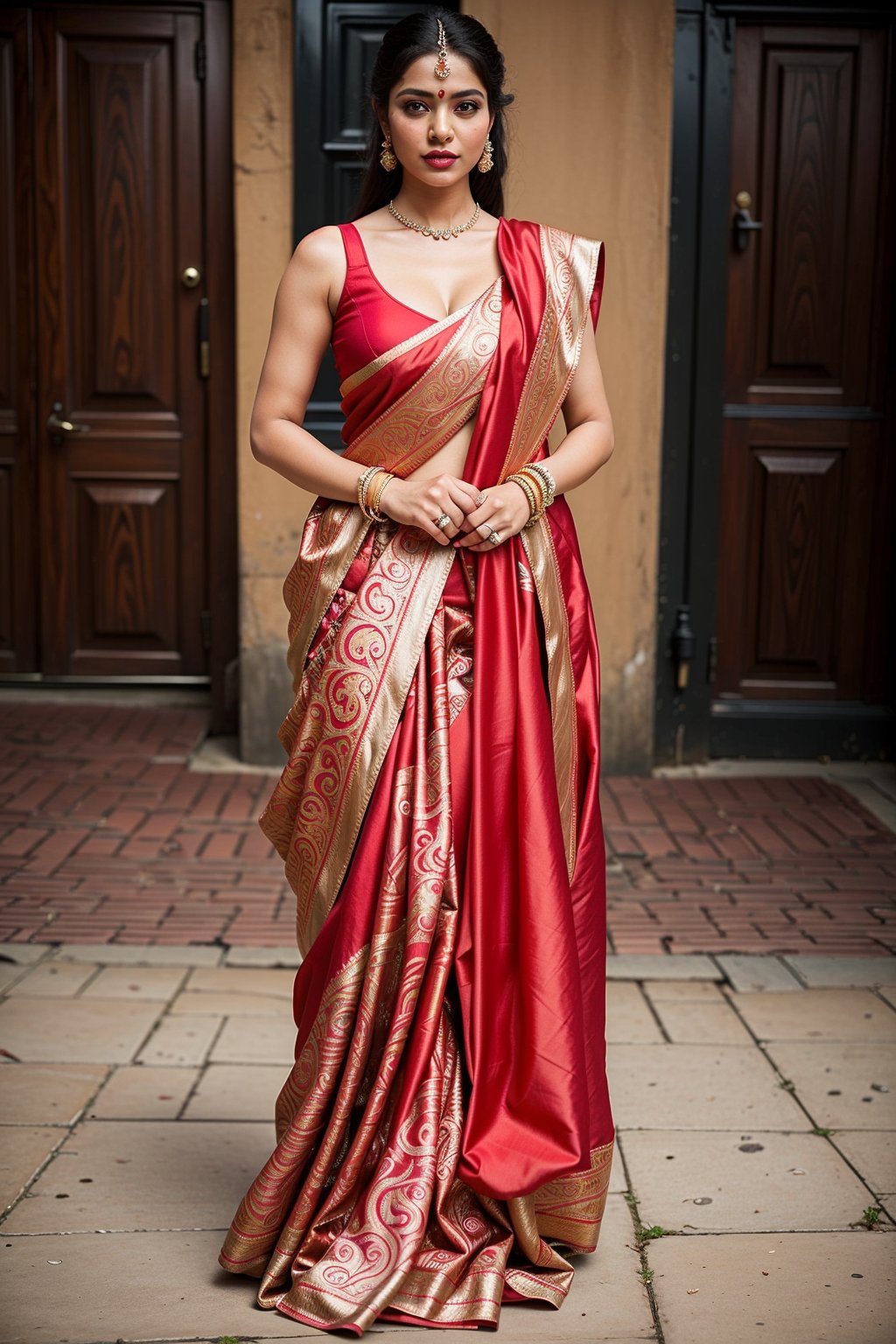 masterpiece, highest quality, 8k uhd,, RAW photo, 100nm, F/1.8, hyper maximalist, Film Still, Cinematic, Cinematic Shot,
a 21 years old, Indian girl, fashion portrait, in front of camera, supermodel, (elegant model), a Horney look, posing like bride, outdoor, wearing blue saree, jewelry, makeup with lipstick, model posing, big eyes, beautiful shiny curly hair on solder, black hair, realistic skin, pale skin, ((perfect_breast)), cylindrical body shape, (((perfect_eye, perfect_fingers))), Indian hood, hood, cute girl, front facing, low angle camera,  no bra, gorgeous look, make-up and have lipstick, sexy pose, beautiful lace, smokey_eyes_makeup, super_red_lips, INDIA,Masterpiece,photorealistic,India,Bengali,Bride,Model,Bridal,more detail XL,Atpoure,Saree,sari,Young beauty spirit 