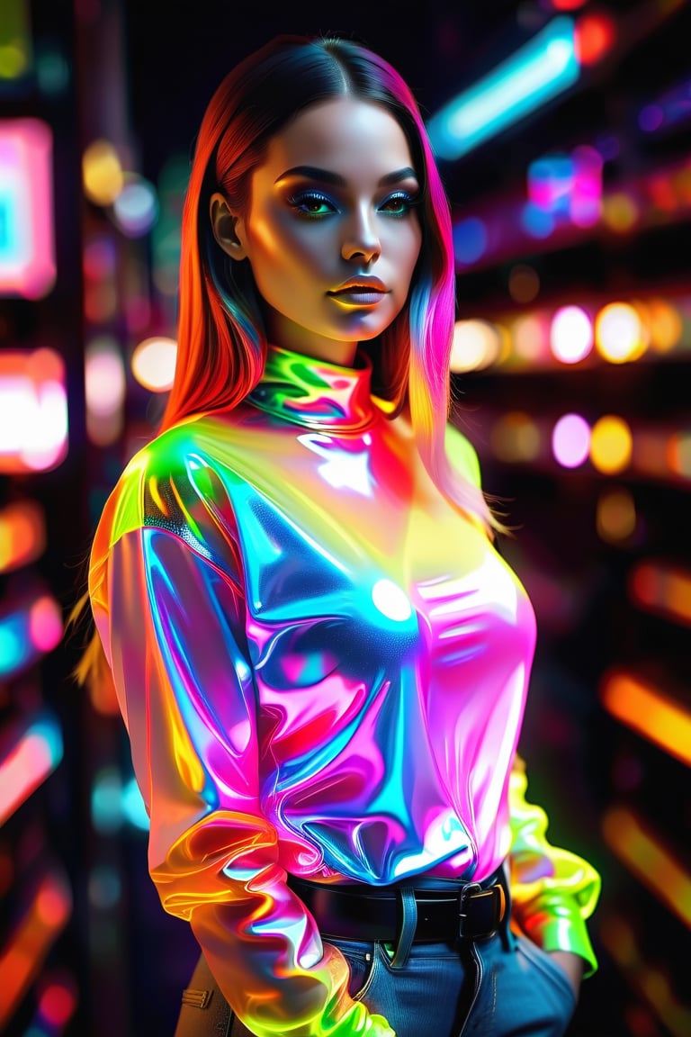 A beautiful hip-hop girl wearing Luminescent Clothing-in-the-dark shirt,LuminescentCL,glass shiny style