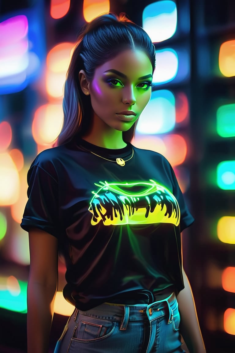 A beautiful hip-hop girl wearing a glow-in-the-dark shirt,LuminescentCL