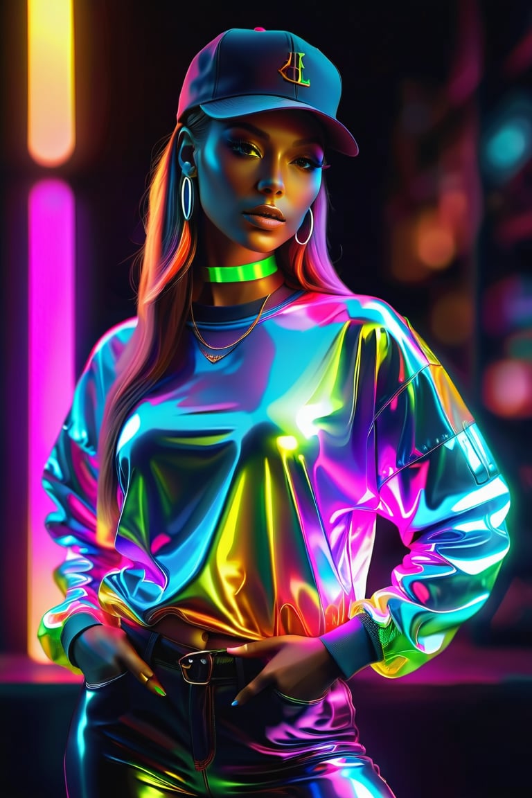 A beautiful hip-hop girl wearing Luminescent Clothing-in-the-dark shirt,LuminescentCL,glass shiny style