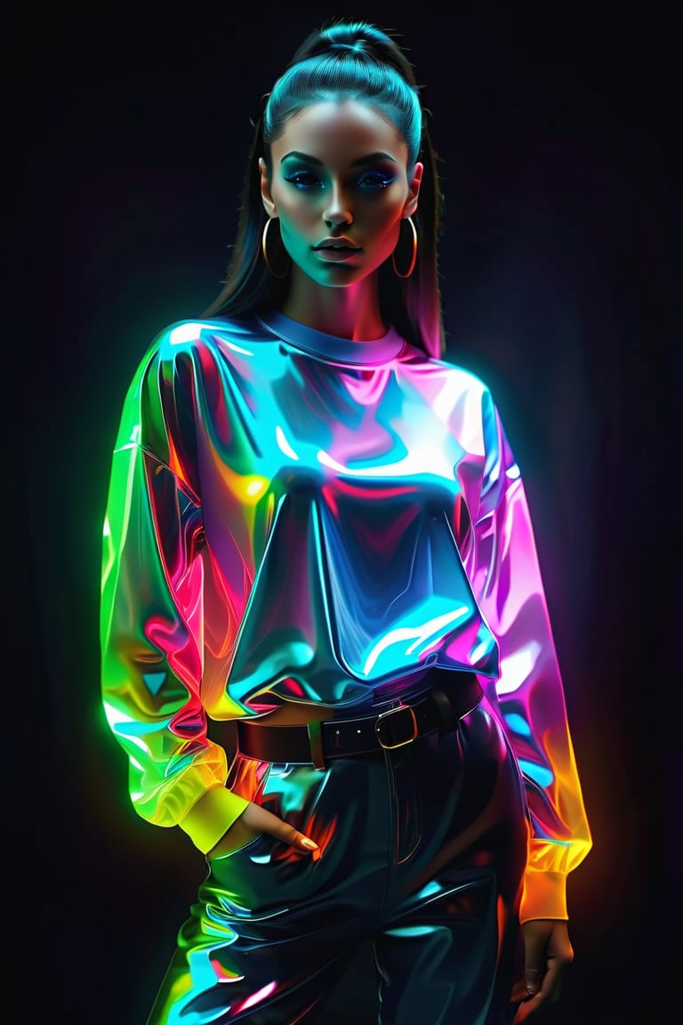 A beautiful hip-hop girl wearing Luminescent Clothing-in-the-dark shirt,LuminescentCL,glass shiny style