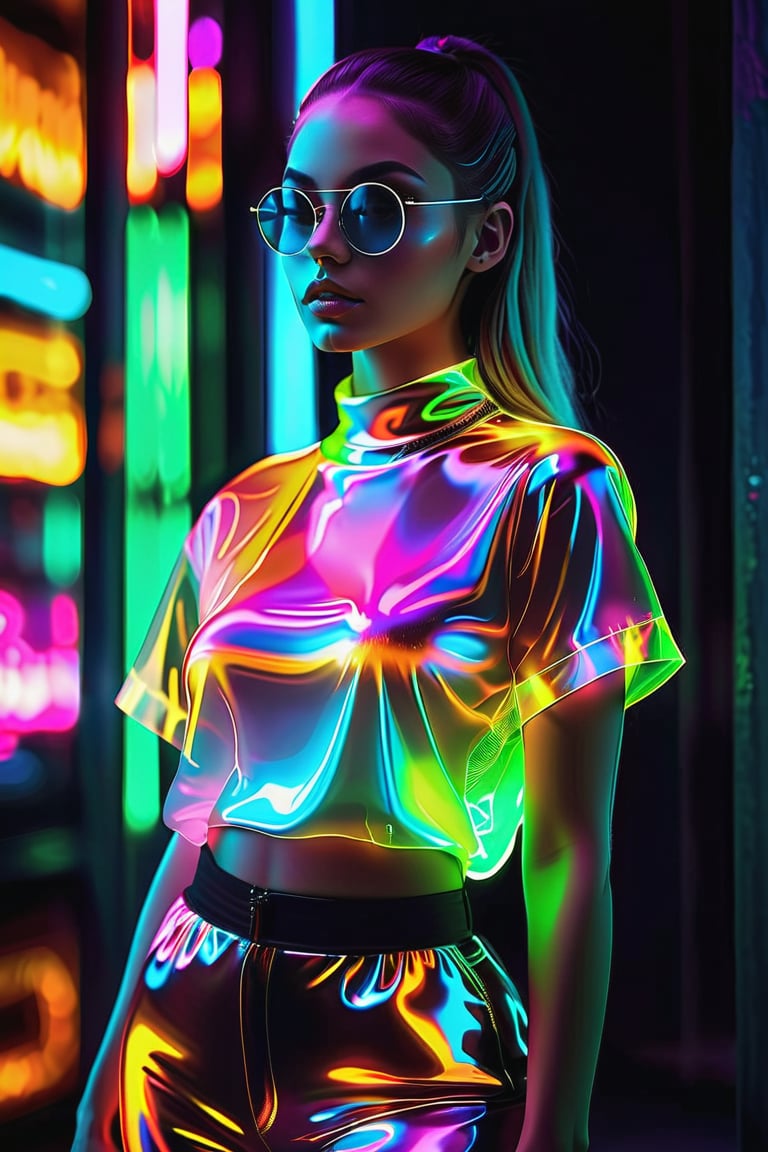 A beautiful hip-hop girl wearing Luminescent Clothing-in-the-dark shirt,LuminescentCL,glass shiny style,NeonLG