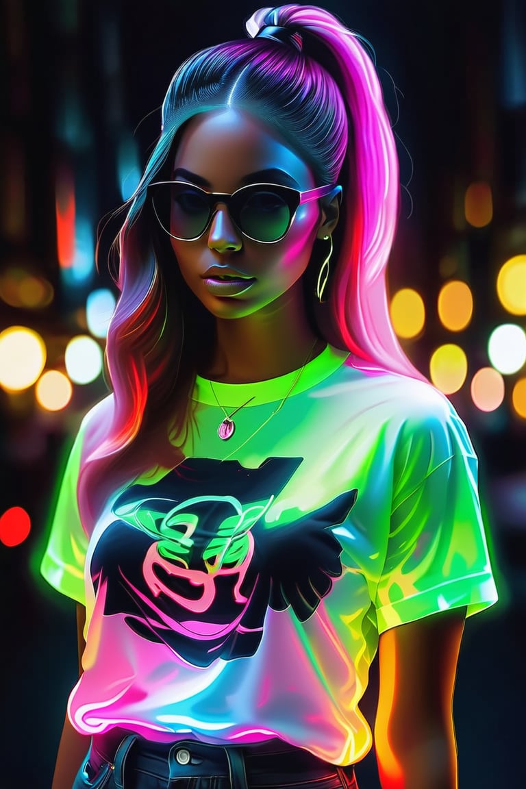 A beautiful hip-hop girl wearing a glow-in-the-dark shirt,LuminescentCL