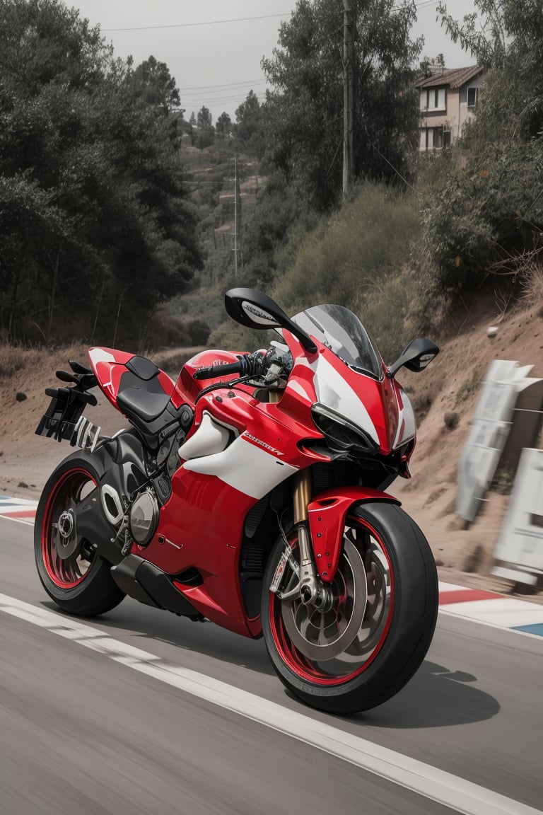 Superbike, roadways, no humans, traditional media, Race machine, motor vehicle, motion blur, motorcycle, Ducati, 2023 model, Red, @imageized