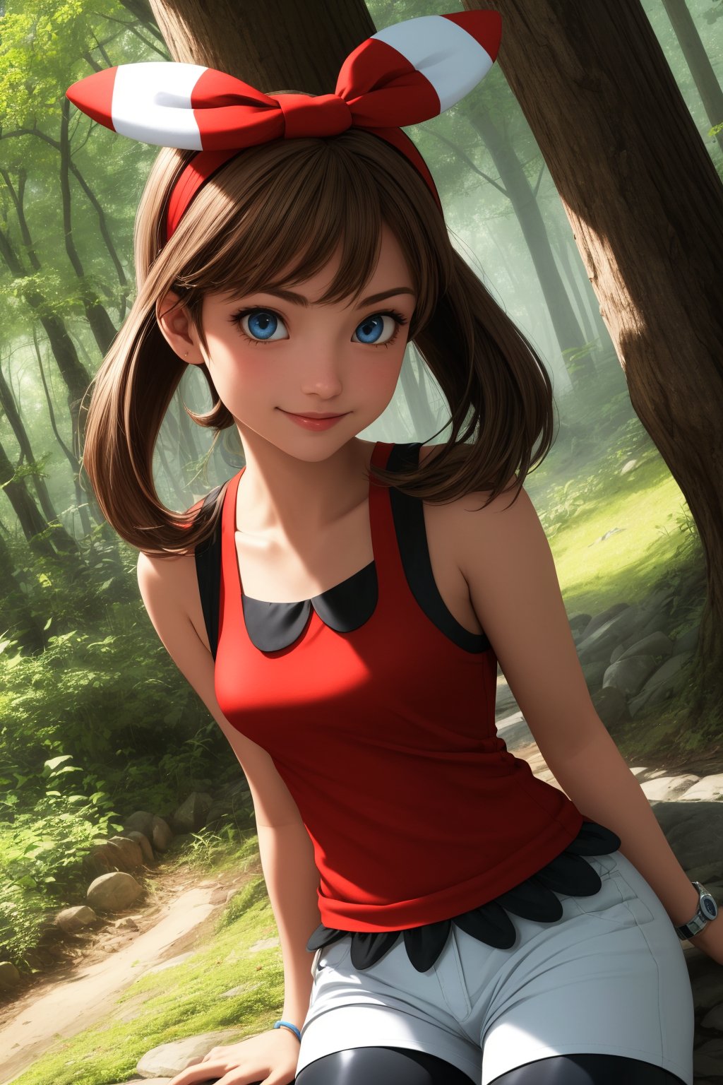 pkmnmay, 1girl, solo, blue eyes, brown hair, bangs, hair ribbon, red hairband, bow hairband,red shirt, tank top, sleeveless, white shorts, black bike shorts, bike shorts under shorts, bracelet,smile,closed mouth,cowboy shot,sitting,forest,outdoor,(insanely detailed, beautiful detailed face, masterpiece, best quality) cinematic lighting,<lora:PKMN_May_Gen6_v1:1>, <lora:more_details:0.3>,