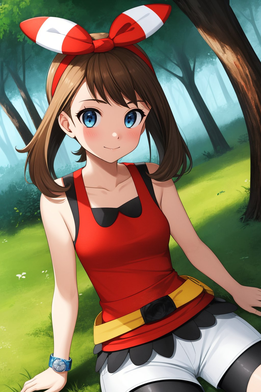 pkmnmay, 1girl, solo, blue eyes, brown hair, bangs, hair ribbon, red hairband, bow hairband,red shirt, tank top, sleeveless, white shorts, black bike shorts, bike shorts under shorts, bracelet,smile,closed mouth,cowboy shot,sitting,forest,outdoor,(insanely detailed, beautiful detailed face, masterpiece, best quality) cinematic lighting,<lora:PKMN_May_Gen6_v1:1>, <lora:more_details:0.3>,