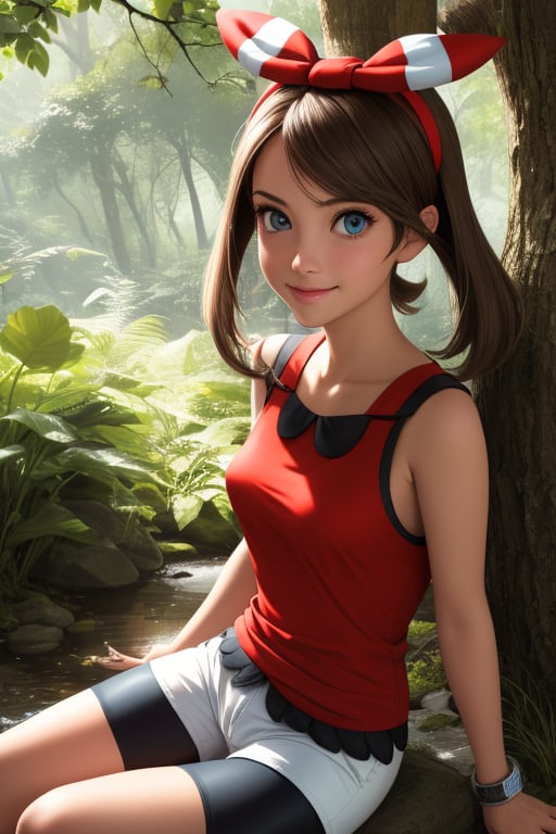 pkmnmay, 1girl, solo, blue eyes, brown hair, bangs, hair ribbon, red hairband, bow hairband,red shirt, tank top, sleeveless, white shorts, black bike shorts, bike shorts under shorts, bracelet,smile,closed mouth,cowboy shot,sitting,forest,outdoor,(insanely detailed, beautiful detailed face, masterpiece, best quality) cinematic lighting,<lora:PKMN_May_Gen6_v1:1>, <lora:more_details:0.3>,