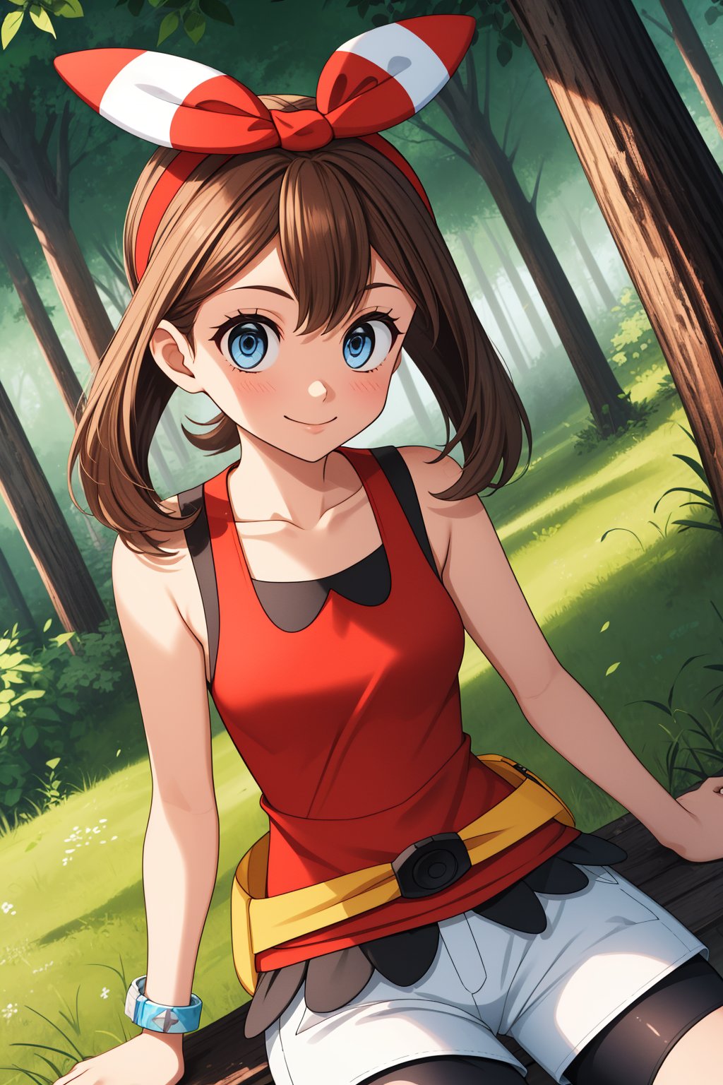 pkmnmay, 1girl, solo, blue eyes, brown hair, bangs, hair ribbon, red hairband, bow hairband,red shirt, tank top, sleeveless, white shorts, black bike shorts, bike shorts under shorts, bracelet,smile,closed mouth,cowboy shot,sitting,forest,outdoor,(insanely detailed, beautiful detailed face, masterpiece, best quality) cinematic lighting,<lora:PKMN_May_Gen6_v1:1>, <lora:more_details:0.3>,