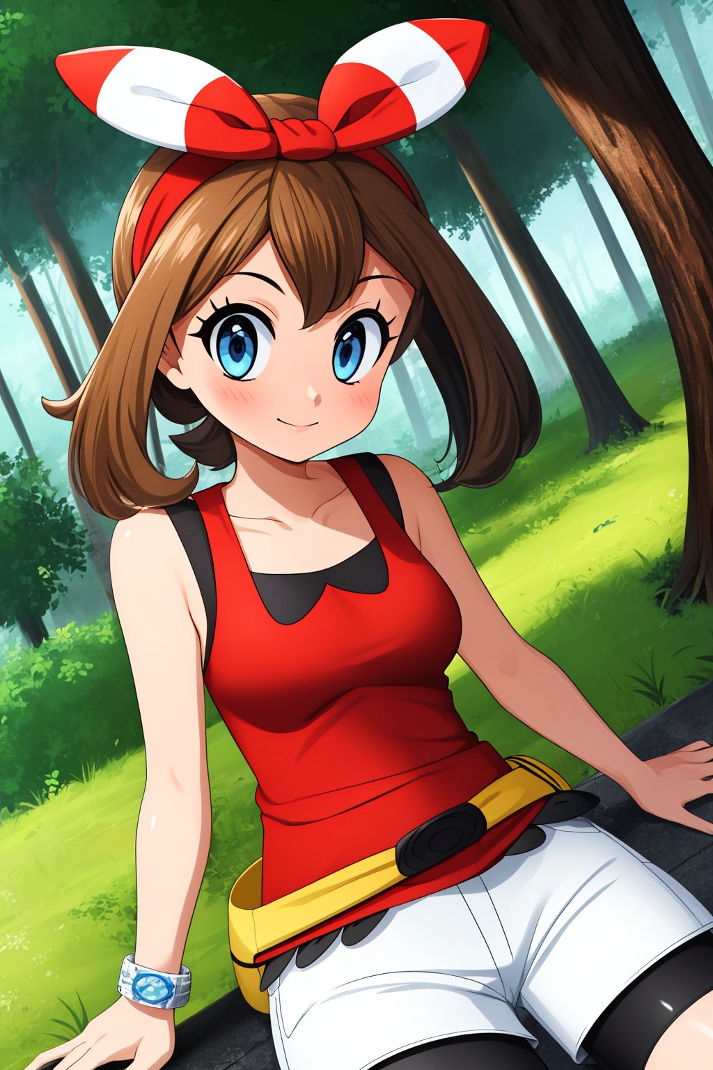 pkmnmay, 1girl, solo, blue eyes, brown hair, bangs, hair ribbon, red hairband, bow hairband,red shirt, tank top, sleeveless, white shorts, black bike shorts, bike shorts under shorts, bracelet,smile,closed mouth,cowboy shot,sitting,forest,outdoor,(insanely detailed, beautiful detailed face, masterpiece, best quality) cinematic lighting,<lora:PKMN_May_Gen6_v1:1>, <lora:more_details:0.3>,