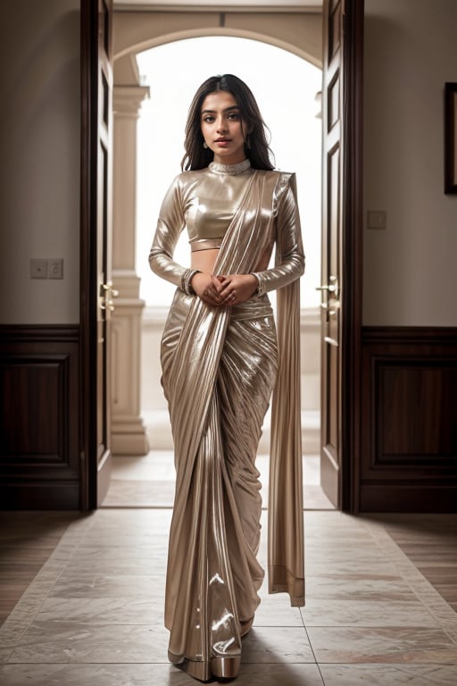 <lora:Pearl_Saree_By_Stable_Yogi:0.6> 1girl wearing a pearl99saree99, long hair, realistic, indoors, full body shotLiked this Checkpoint Contact Stable_yogi on Discord