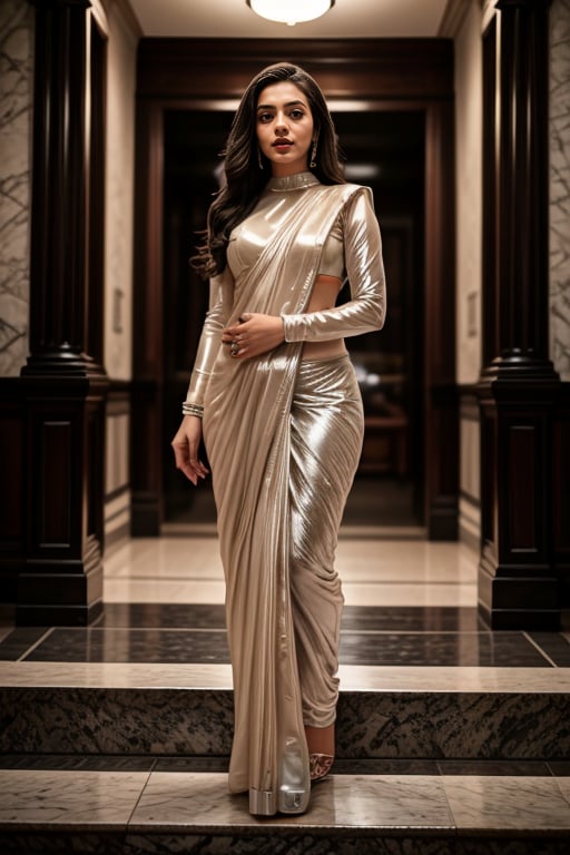 <lora:Pearl_Saree_By_Stable_Yogi:0.6> 1girl wearing a pearl99saree99, long hair, realistic, indoors, full body shotLiked this Checkpoint Contact Stable_yogi on Discord