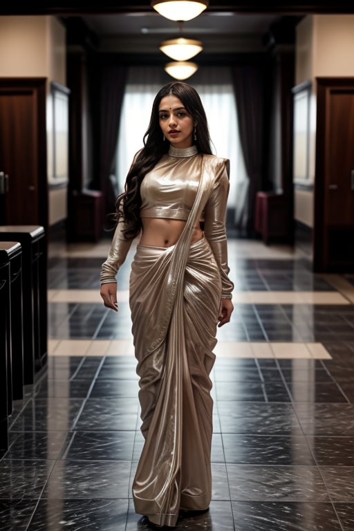 <lora:Pearl_Saree_By_Stable_Yogi:0.6> 1girl wearing a pearl99saree99, long hair, realistic, indoors, full body shotLiked this Checkpoint Contact Stable_yogi on Discord