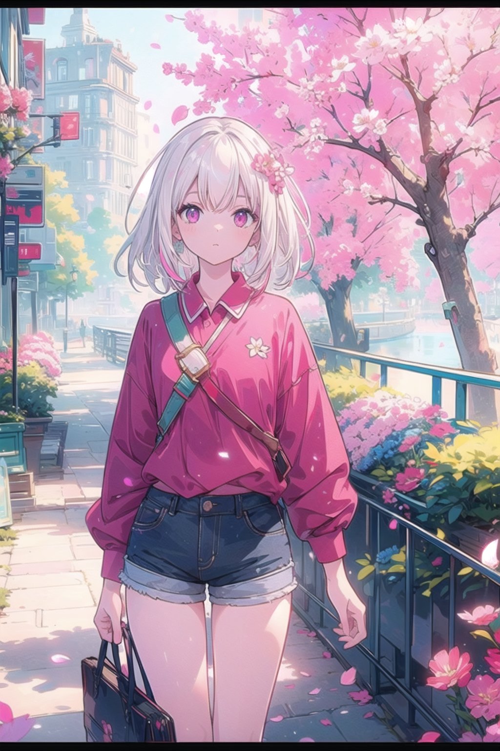 vibrant colors, female, masterpiece, sharp focus, best quality, depth of field, cinematic lighting, ((solo, one woman )), (illustration, 8k CG, extremely detailed), masterpiece, ultra-detailed, scenery, spring, flower, tree, atmosphere, white hair, pink eyes ,(red shirt;1.3),(shorts:1.2), city,street, petals 
