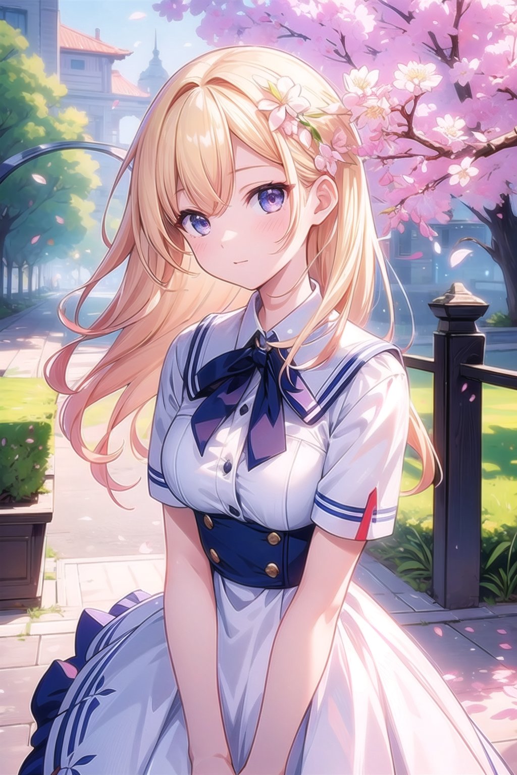 vibrant colors, female, masterpiece, sharp focus, best quality, depth of field, cinematic lighting, ((solo, one woman )), (illustration, 8k CG, extremely detailed), masterpiece, ultra-detailed, cherry tree, spring, blond girl, school dress,Spring
