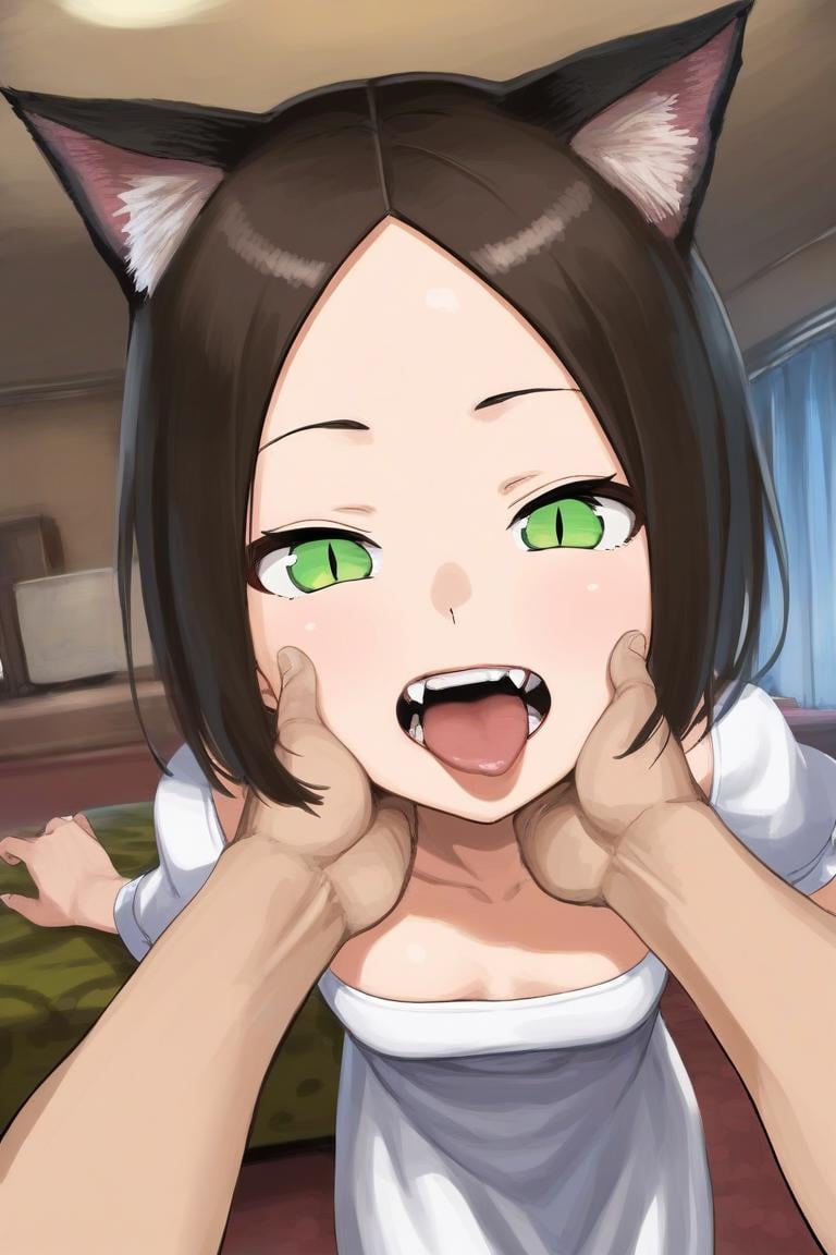 score_9, score_8_up, score_7_up, rating_safe BREAK1girl, brown hair, bob cut, cat ears, forehead, green eyes, slit pupils, white dress, pov, open mouth, hand on anothers chin, teeth inspection, tongue, (fangs:0.8), living room