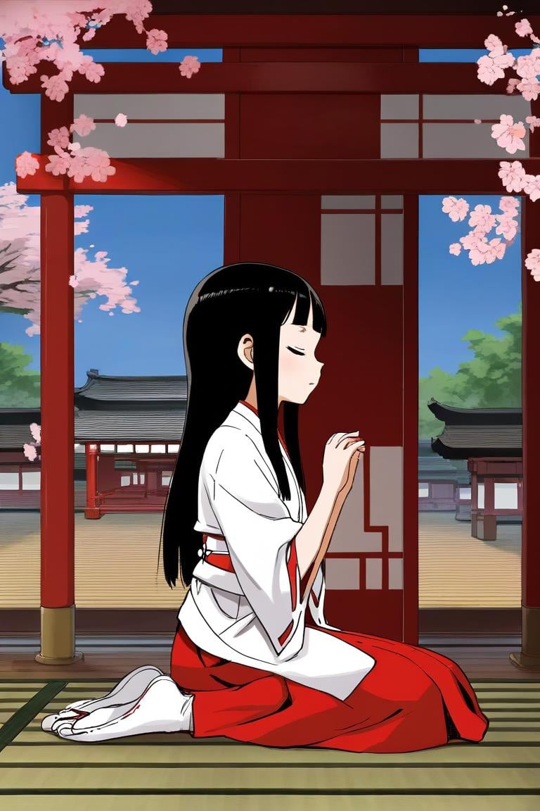 score_9, score_8_up, score_7_up, rating_safe BREAK1girl, blunt bangs, forehead, extremely long hair, shiny black hair, closed eyes, flat chest, (praying), miko, red skirt, japanese clothes, tabi, on floor, (seiza), from side, full body, wide shot, shrine, cherry blossoms