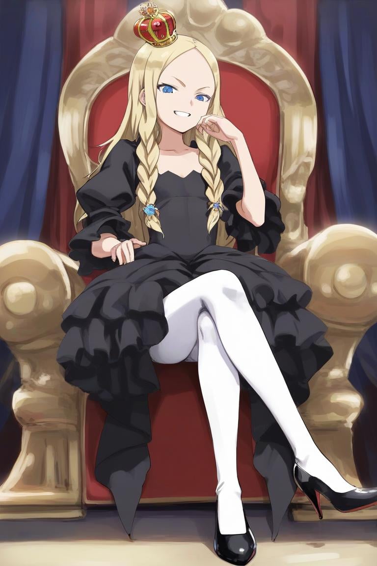 score_9, score_8_up, score_7_up, source_anime, rating_safe BREAKnaughty grin, blonde hair, braided bangs, long hair, gold mini crown, blue eyes, forehead, flat chest, black dress, white pantyhose, black shoes, (ojou-sama pose:0.8), sitting, crossed legs, high heels, royal throne, luxurious living room