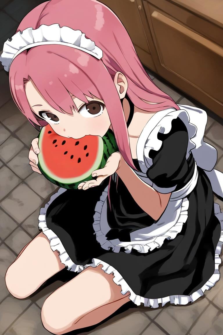 score_9, score_8_up, score_7_up, rating_safe BREAK1girl, :t, looking at viewer, long hair, pink hair, brown eyes, black dress, maid dress, flat chest, sitting, on floor, eating, watermelon, from above, kitchen