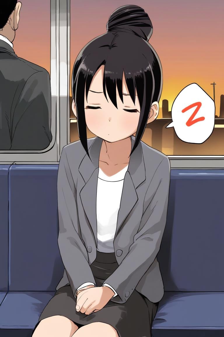 score_9, score_8_up, score_7_up, rating_safe BREAK1girl, mature, flat chest, single hair bun, dark hair, closed eyes, sleepy, grey blazer, white shirt, formal suit, skirt, sitting, v arms, (spoken zzz:1.2), public train, train interior, city background, sunset