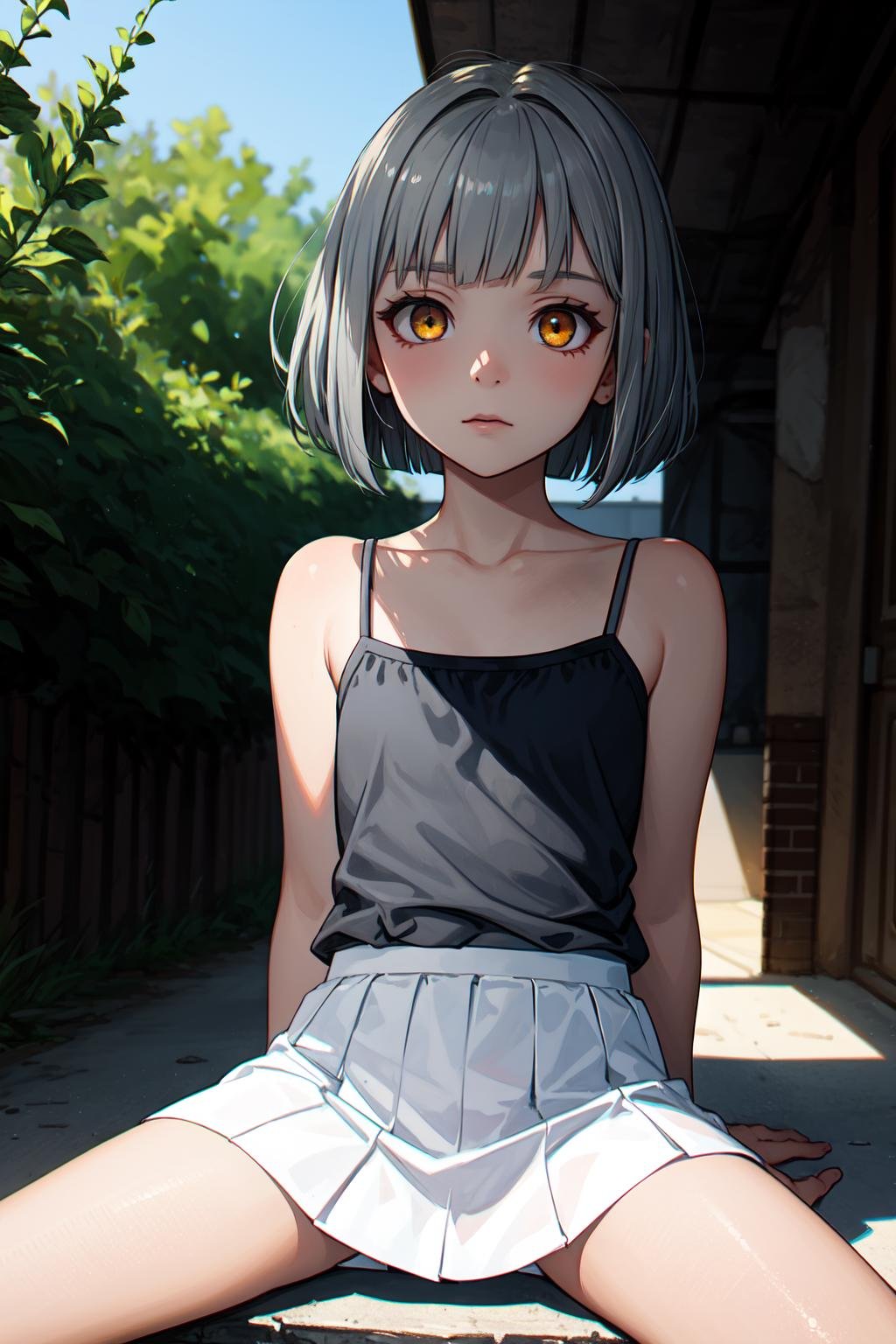 (masterpiece, best quality, SFW:1.2), evocative, decorations, colorgrading, bloomBREAK1girl, :/, looking at viewer, forehead, (cute, small, petite:1.2),  (dark late gray hair, bob cut:1.2), (golden eyes:1.2)BREAK( camisole, white microskirt, )BREAKvanishing point, spread legsBREAKoutdoors, wasteland