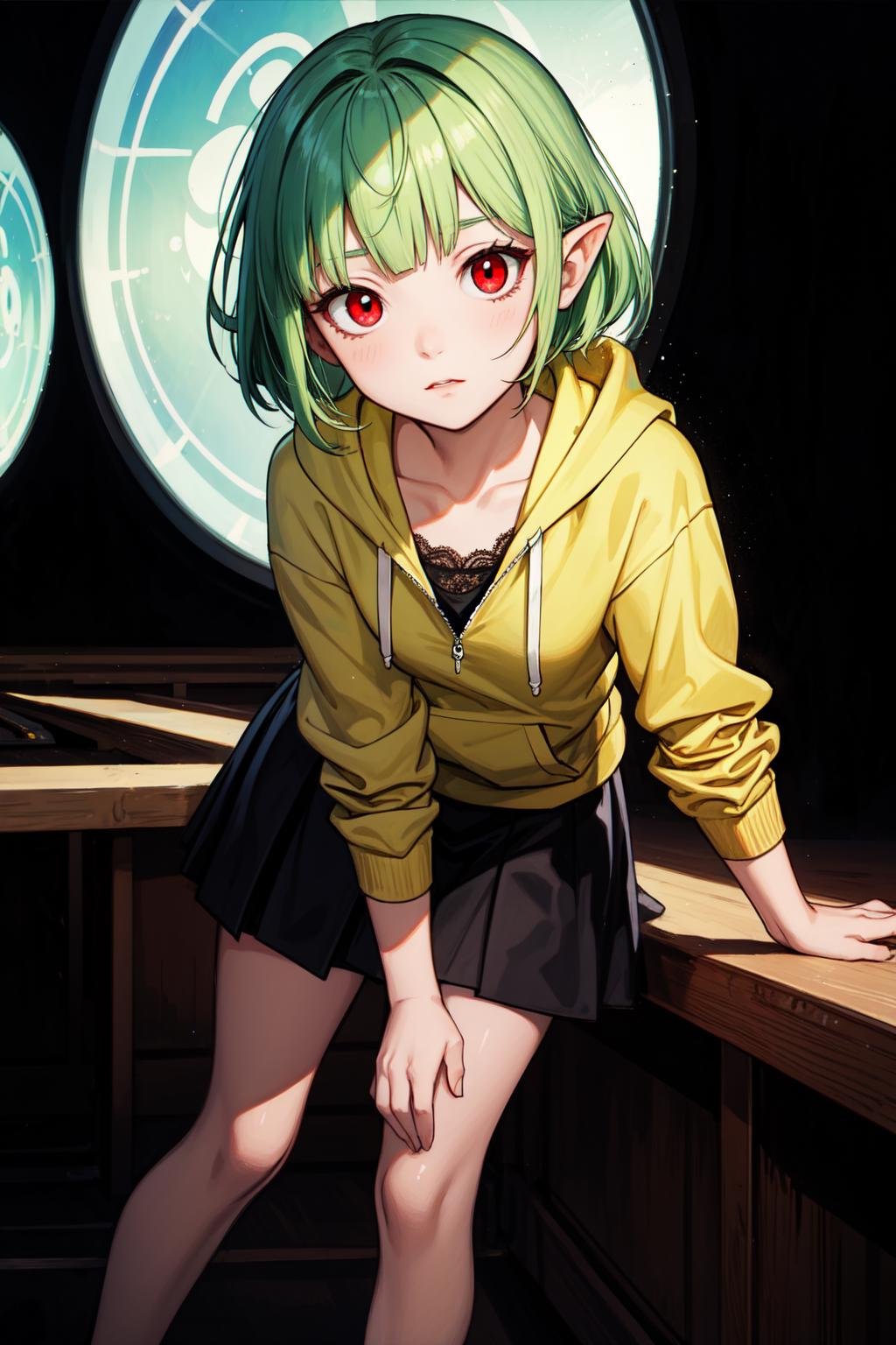 (masterpiece, best quality, SFW:1.2), fine art, hard edge, post-processing, diffused lightingBREAK1girl, optimistic, looking at viewer, forehead, (pettanko, petite:1.2), legs, (light green hair, pixie cut, low tied sidelocks:1.2), (deep red eyes:1.2)BREAK(lace trim light yellow hoodie, gainsboro sukajan,  high-low skirt, )BREAKclose-up, leaning forwardBREAKbuilding, planetarium