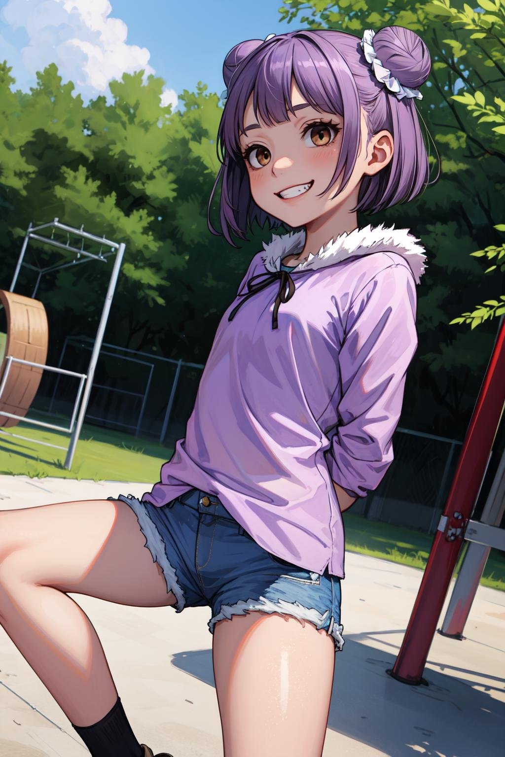 (masterpiece, best quality, SFW:1.2), surreal, hard edge, low saturation , bloomBREAK1girl, puzzled, grin, looking up, forehead, (pettanko, petite:1.2), thin legs, thick thighs, (purple hair, short hair, doughnut hair bun:1.2), (light brown eyes:1.2)BREAK(fur trim  shirt,  short shorts)BREAKdutch angle, knees to chest,arms behind backBREAKoutdoors, playground