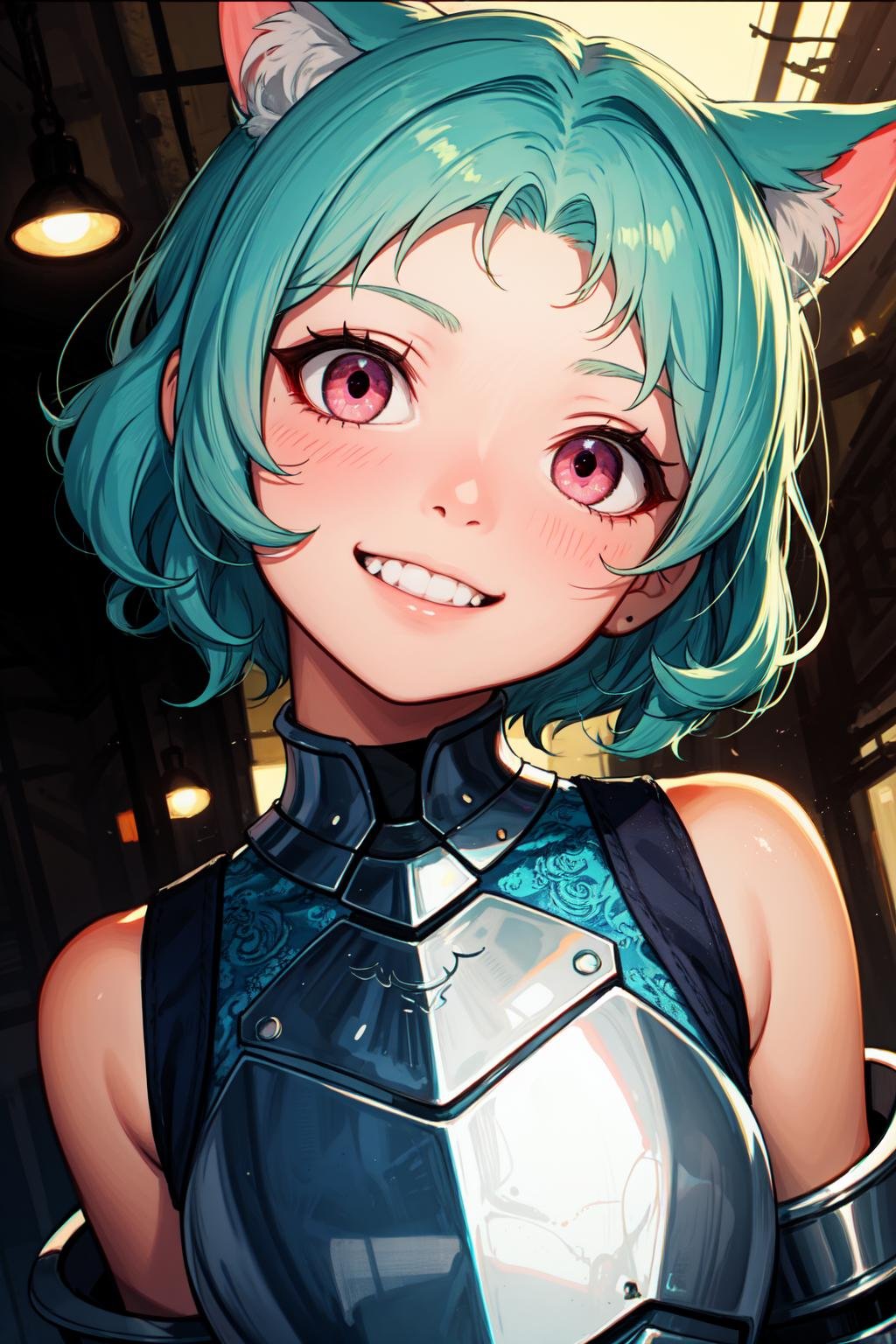 (masterpiece, best quality, SFW:1.2), fascinating, spirals, psychedelic, translucencyBREAK1girl, thirsty, grin, looking up, forehead, (pettanko, petite:1.2),  (light cyan hair, very short hair, tri tails, curly hair:1.2), (pink eyes:1.2)BREAK( armor)BREAKperspective,upper body, head tiltBREAKoutdoors, shipyard