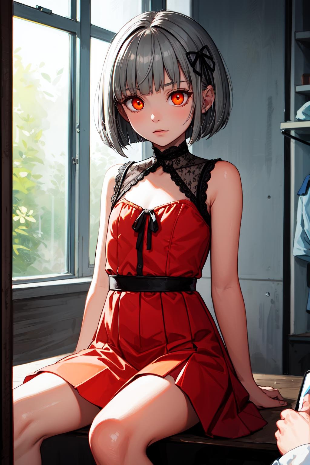 (masterpiece, best quality, SFW:1.2), digital art, perfectionism, low contrast, subsurface scatteringBREAK1girl, :3, looking down, forehead, (flat chest, cute, petite:1.2),  (dark late gray hair, bob cut, spiked hair, ribbon bangs:1.2), (orange red colored eyes:1.2)BREAK(orange red colored dress shirt, lace trim, gray skirt, )BREAKClose-Up Shot, sittingBREAKindoors, changing room