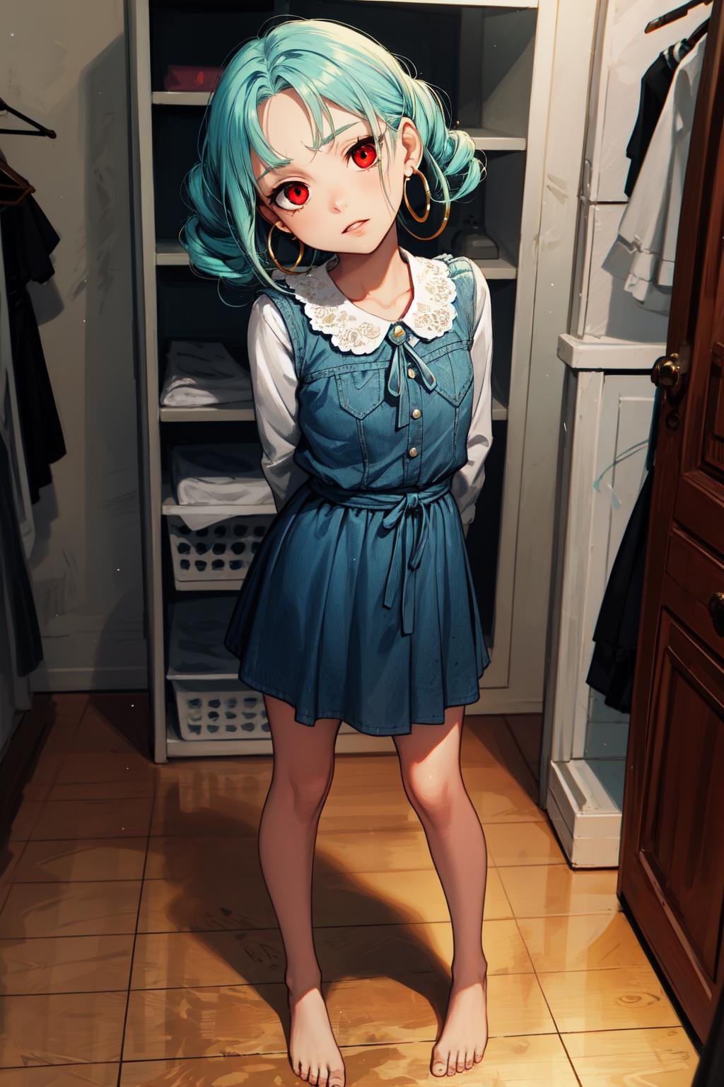 (masterpiece, best quality, SFW:1.2), surreal, decorations, post-processing, shimmering lightBREAK1girl, anger, looking up, forehead, (cute, small, petite:1.2),  (aquamarine hair, curly hair, sidelocks tied back:1.2), (dark red eyes:1.2)BREAK(hoop earrings, barefoot)BREAKpov,Close-Up Shot, head tilt,v armsBREAKindoors, fitting room