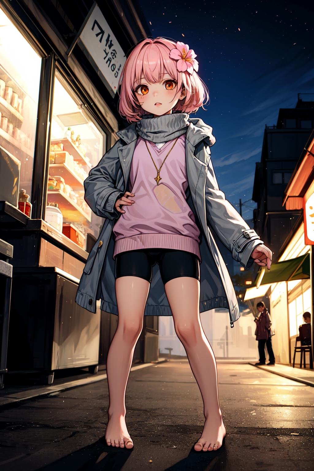 (masterpiece, best quality, SFW:1.2), celestial, tendrils, psychedelic, subsurface scatteringBREAK1girl, crazy, looking down,(cute, small, petite:1.2),  (light pink hair, hime cut:1.2), (brown eyes:1.2)BREAK(gold trim dark orange colored sweater, dress flower gray winter coat, see-through,  bike shorts, shawl, barefoot)BREAKwide shot, slouchingBREAKoutdoors, ferris wheel