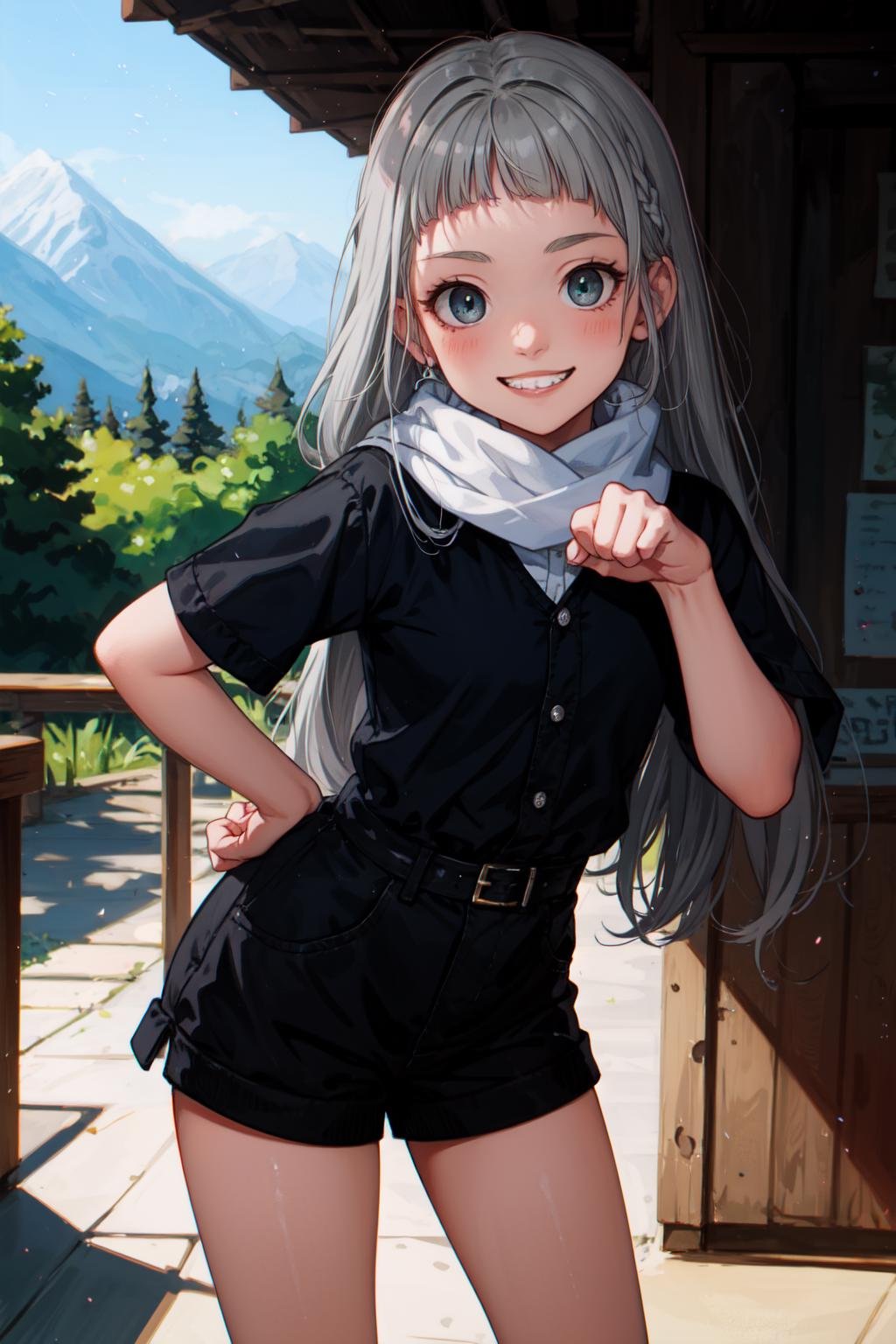 (masterpiece, best quality, SFW:1.2), digital painting, tendrils, tone mapping, diffused lighting BREAK1girl, furled brow, grin, looking at viewer, forehead, (cute, cute, petite:1.2),  (gray hair, absurdly long hair, undercut:1.2), (gainsboro eyes:1.2) BREAK( romper, scarf) BREAKvanishing point,close-up, paw pose BREAKoutdoors, mountain <lora:proportion_helper_prototype1:1>