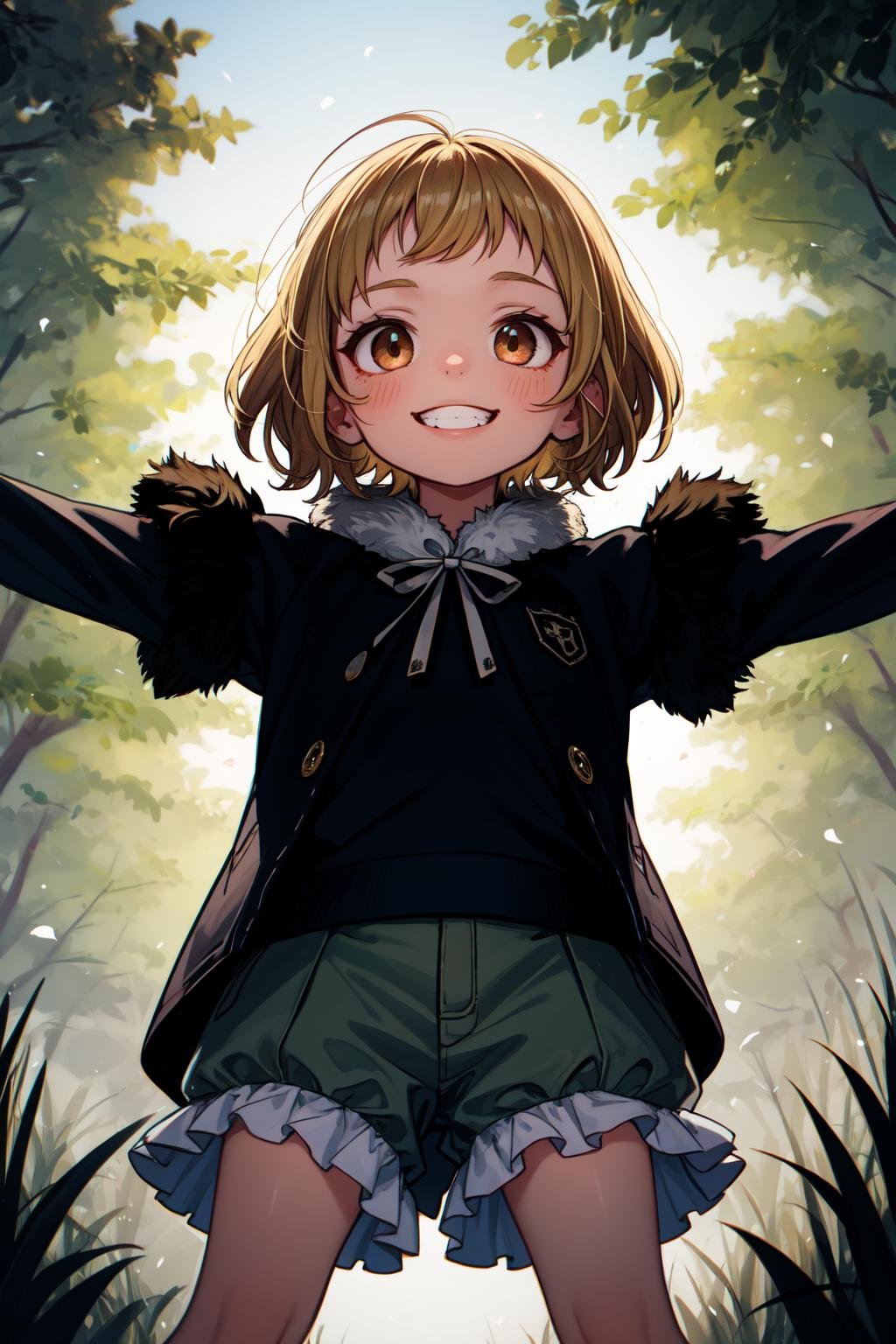 (masterpiece, best quality, SFW:1.2), elegant, tendrils, vintage, bioluminescent detailsBREAK1girl, smile, grin, looking at viewer, forehead, (pettanko, petite:1.2),  (rosy brown hair, pixie cut:1.2), (blonde eyes:1.2)BREAK(black frilled shirt, fur trim, khaki bloomers)BREAKfrom below,Extreme Close-Up Shot, legs over head,spread armsBREAKoutdoors, wetland