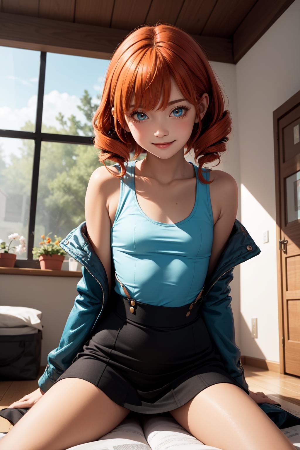 (masterpiece, best quality, SFW:1.2), evocative, angelic, aesthetic, hard shadowsBREAK1girl, envious, grin, looking down,(cute, petite:1.2), flat_chest, wide hips, (dark orange_colored hair, twin drills:1.2), (medium aquamarine eyes:1.2)BREAK(gold trim  tank top, vivid blue coat, orange_red_colored suspender skirt, )BREAKpov,breast focus, fetal position,stretchingBREAKindoors, conservatory