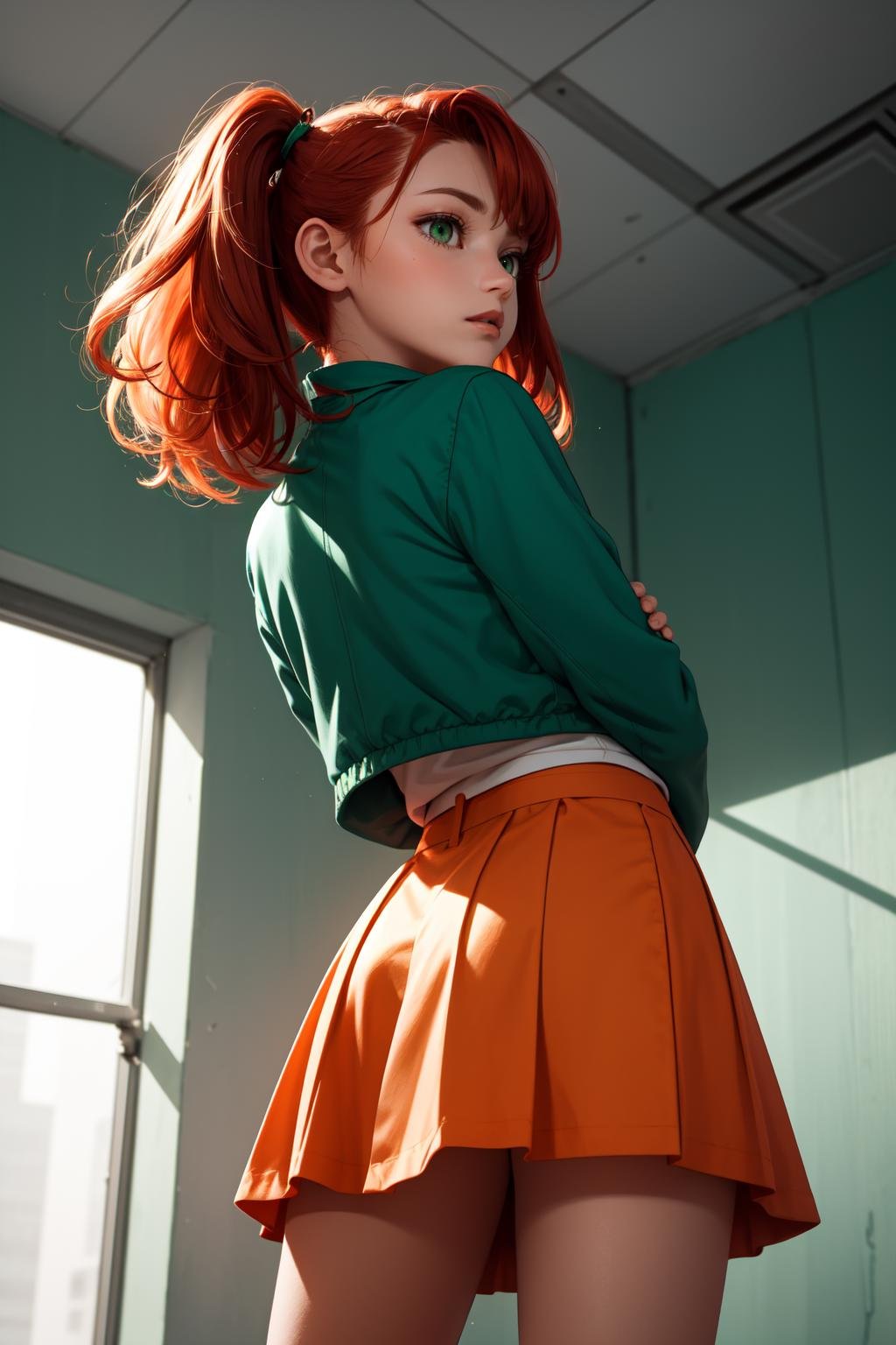 (masterpiece, best quality, SFW:1.2), keyvisual, intricate, post-processing, indirect lightBREAK1girl, loving, looking down, forehead, (cute, petite:1.2), flat_chest,  (orange_red_colored hair, big hair, undercut:1.2), (green eyes:1.2)BREAK( tank top, spring green cropped jacket, light brown bubble skirt, )BREAKfrom below,back focus,Close-Up Shot, leg lift,arms at sidesBREAKbuilding, prison