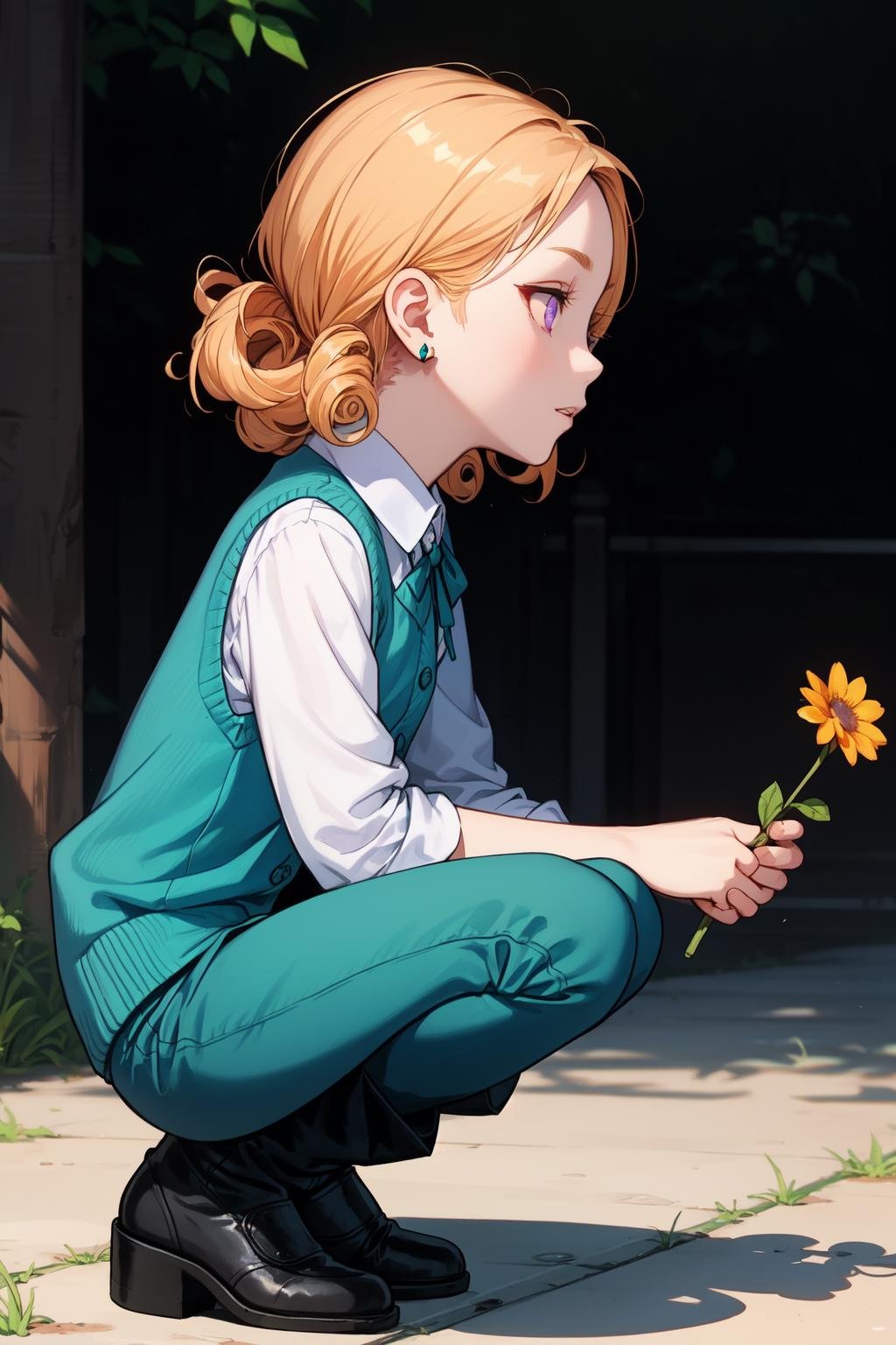 (masterpiece, best quality, SFW:1.2), fine art, tendrils, vibrant, hard shadows, BREAK, 1girl, :q, looking down, forehead,  cute, petite, flat_chest,  (orange_colored hair, big hair, curly hair:1.2), (violet eyes:1.2), BREAK, (dress flower  cardigan vest, gathers light brown sukajan, teal blue pants rolled up, earrings, brown thighhighs, thigh boots), BREAK, profile, squating, BREAK, outdoors, zoo