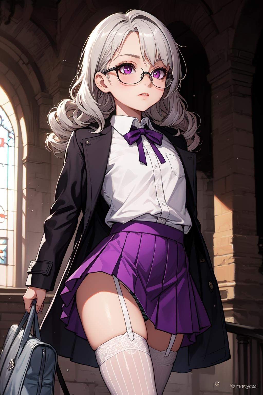 (masterpiece, best quality, SFW:1.2), evocative, crystalline, tone mapping, rim lighting, BREAK, 1girl, skeptical, looking up, cute, petite, flat_chest, wide hips, thighs, (beige hair, ringlets:1.2), (darkmagenta eyes:1.2), BREAK, (white shiny collared shirt,  duffel coat, silver trim, light red bubble skirt, bright silver striped panties, glasses, legwear garter), BREAK, Extreme Close-Up Shot, leg lift, BREAK, building, church