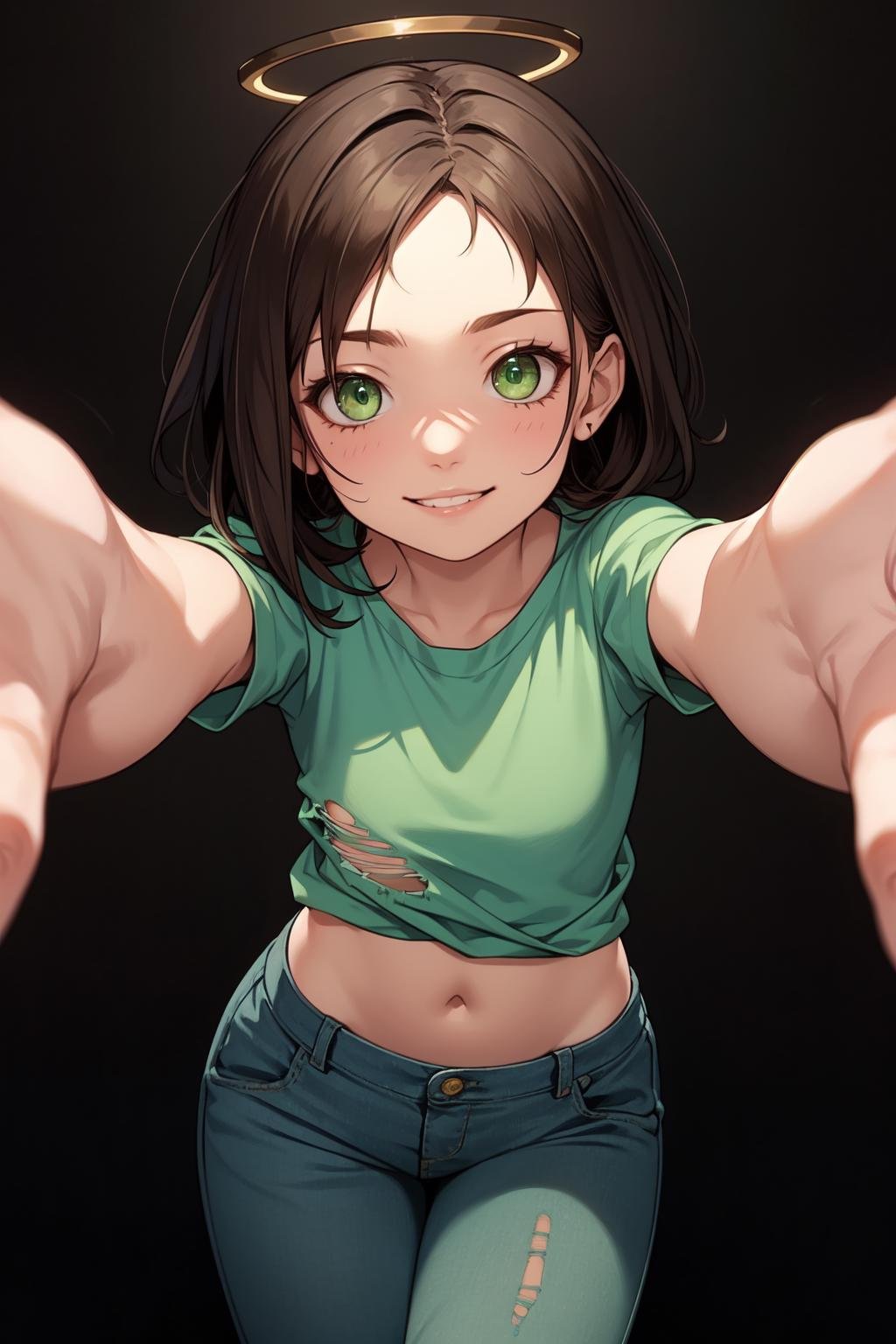 (masterpiece, best quality, SFW:1.2), official art, 4k uhd, vivid color, halo, BREAK, 1girl, miserable, grin, looking at viewer, forehead,  cute, petite, flat_chest, hips, thick thighs, (dark brown hair, bangs:1.2), (light green eyes:1.2), BREAK, (torn clothes medium spring green shirt,  lowleg pants), BREAK, vanishing point,portrait, crossed legs,spread arms, BREAK, building, onsen