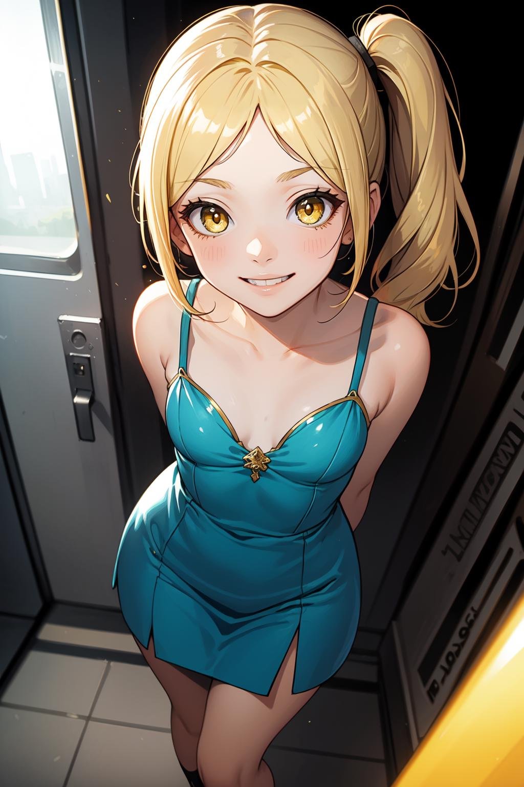 (masterpiece, best quality, SFW:1.2), elegant, sharp focus, low contrast, god rays, BREAK, 1girl, tired, grin, looking up, forehead,  cute, petite, flat_chest, wide hips, legs, (green yellow hair, side ponytail, long bangs:1.2), (light golden yellow eyes:1.2), BREAK, (aqua_blue vietnamese dress), BREAK, from above,breast focus,Extreme Close-Up Shot, w arms, BREAK, building, train station