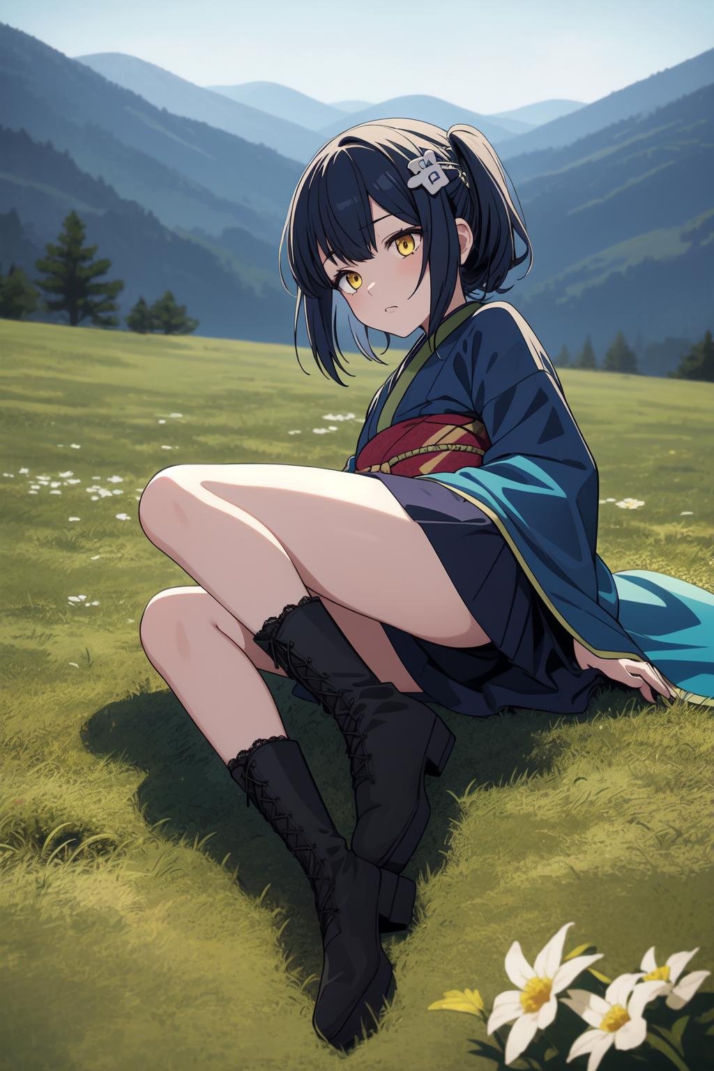 , (masterpiece, best quality:1.2), 1girl, tired, looking down,cute, petite, flat_chest, legs, thighs, teal blue hair, chonmage, light golden yellow eyes, BREAK, ( layered kimono, hair ornament, toe socks, lace-up boots), BREAK, atmospheric perspective, on side, BREAK, outdoors, mountain