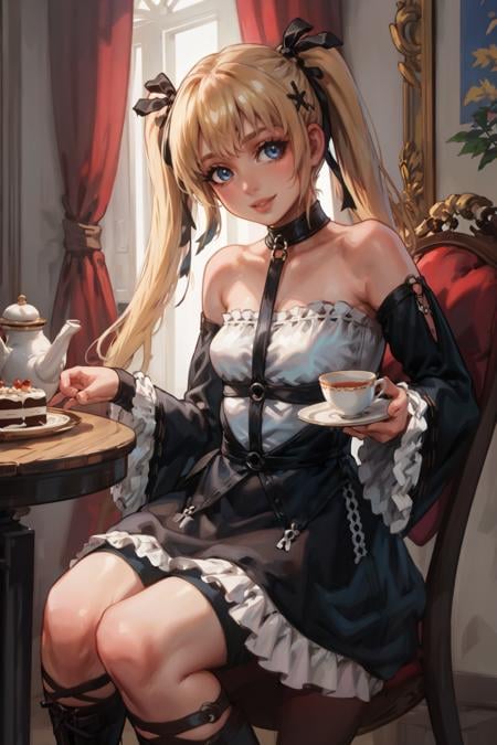 masterpiece, best quality, <lora:marierose-nvwls-v1-000009:0.9> doamarie, twintails, x hair ornament, hair ribbon, choker, harness, black skirt, black dress, detached sleeves, black sleeves, frills, looking at viewer, smile, platform boots, sitting, table, chair, mansion, teapot, cake