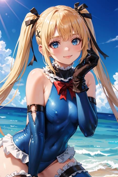 masterpiece, best quality, <lora:marierose-nvwls-v1-000009:0.8> doamarie, twintails, x hair ornament, hair ribbon, frilled choker, red bowtie, blue one-piece swimsuit, frilled swimsuit, blue sleeves, detached sleeves, gloves, blue thighhighs, frilled thighhighs, ocean, blue sky, smile, closed mouth, upper body