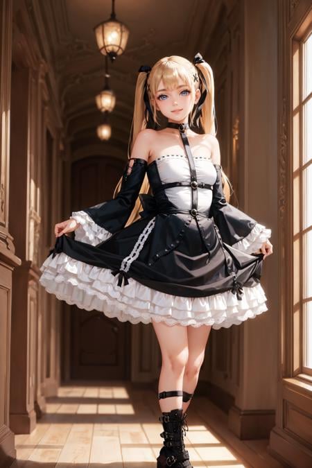 masterpiece, best quality, <lora:marierose-nvwls-v1-000009:0.9> doamarie, twintails, x hair ornament, hair ribbon, choker, harness, black skirt, black dress, detached sleeves, black sleeves, frills, looking at viewer, smile, skirt hold, mansion, platform boots, smile, hallway