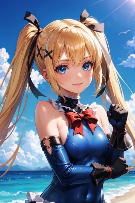 masterpiece, best quality, <lora:marierose-nvwls-v1-000009:0.8> doamarie, twintails, x hair ornament, hair ribbon, frilled choker, red bowtie, blue one-piece swimsuit, frilled swimsuit, blue sleeves, detached sleeves, gloves, ocean, blue sky, smile, closed mouth, upper body