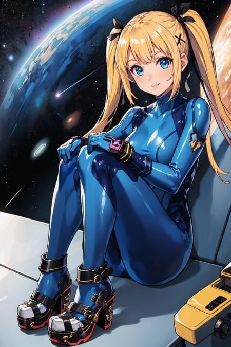 masterpiece, best quality, <lora:marierose-nvwls-v1-000009:0.9> doamarie, twintails, x hair ornament, hair ribbon,  <lora:zerosuit-nvwls-v1-final:0.8> zero suit, blue gloves, high heels, night sky, outer space, smile