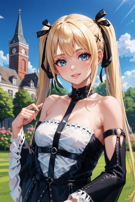 masterpiece, best quality, <lora:marierose-nvwls-v1-000009:0.9> doamarie, twintails, x hair ornament, hair ribbon, choker, harness, black skirt, black dress, detached sleeves, black sleeves, frills, looking at viewer, smile, victorian architecture, blue sky, garden, upper body