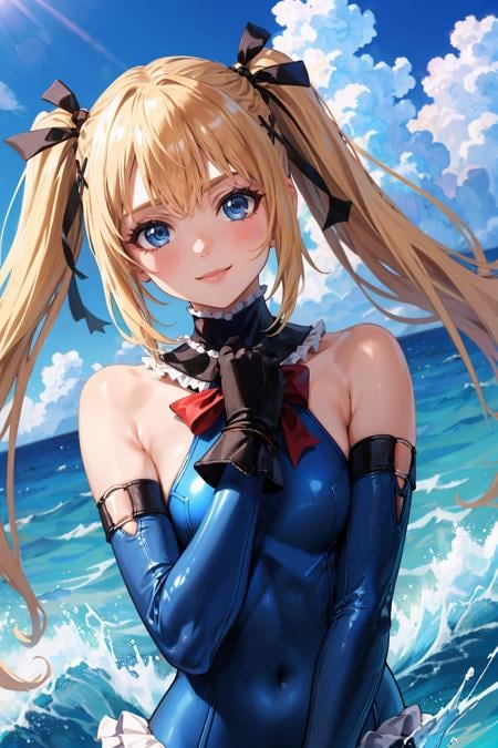 masterpiece, best quality, <lora:marierose-nvwls-v1-000009:0.9> doamarie, twintails, x hair ornament, hair ribbon, frilled choker, red bowtie, blue one-piece swimsuit, frilled swimsuit, blue sleeves, detached sleeves, gloves, blue thighhighs, frilled thighhighs, ocean, blue sky, smile, closed mouth, upper body