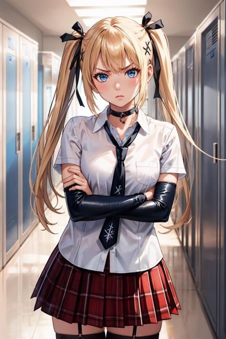 masterpiece, best quality, <lora:marierose-nvwls-v1-000009:0.8> doamarie, twintails, x hair ornament, hair ribbon, white shirt, choker, black necktie, red skirt, arm warmers, fishnet thighhighs, crossed arms, annoyed, looking at viewer, hallway, lockers