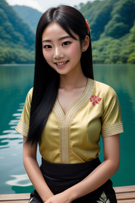 a half body portrait, beautiful young Japanese girl, wearing traditional Indonesia outfit, simple kebaya, long black hairs without accessories hair, perfect face, perfect eyes, perfect thin lips, smiling, sitting on the wooden kaonoe in the blue lake, sharp focus
Removed From Ima,Masterpiece,kebaya