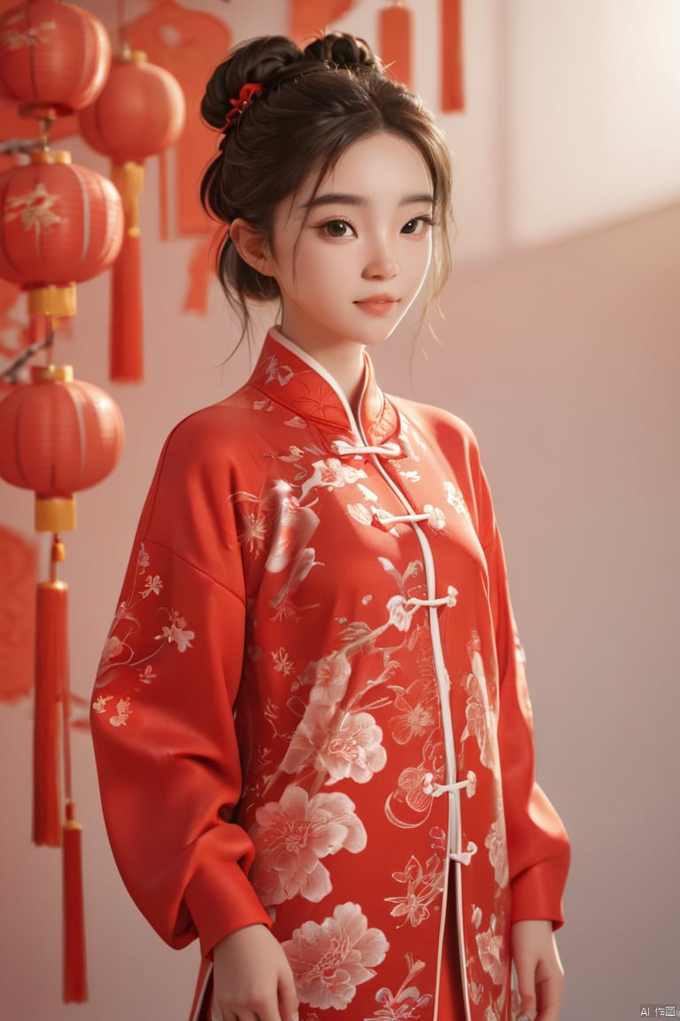  Girl, realistic 3d cartoon style rendering, 18 years old, (whole body :1.5), wearing New Year red Chinese Tang suit, fashionable clothing, New Year background, interactive film style, edge lighting, soft gradient, charming illustration, 3d rendering, OC rendering, best quality, 8K, Super detail, sunlight, realistic, , , 