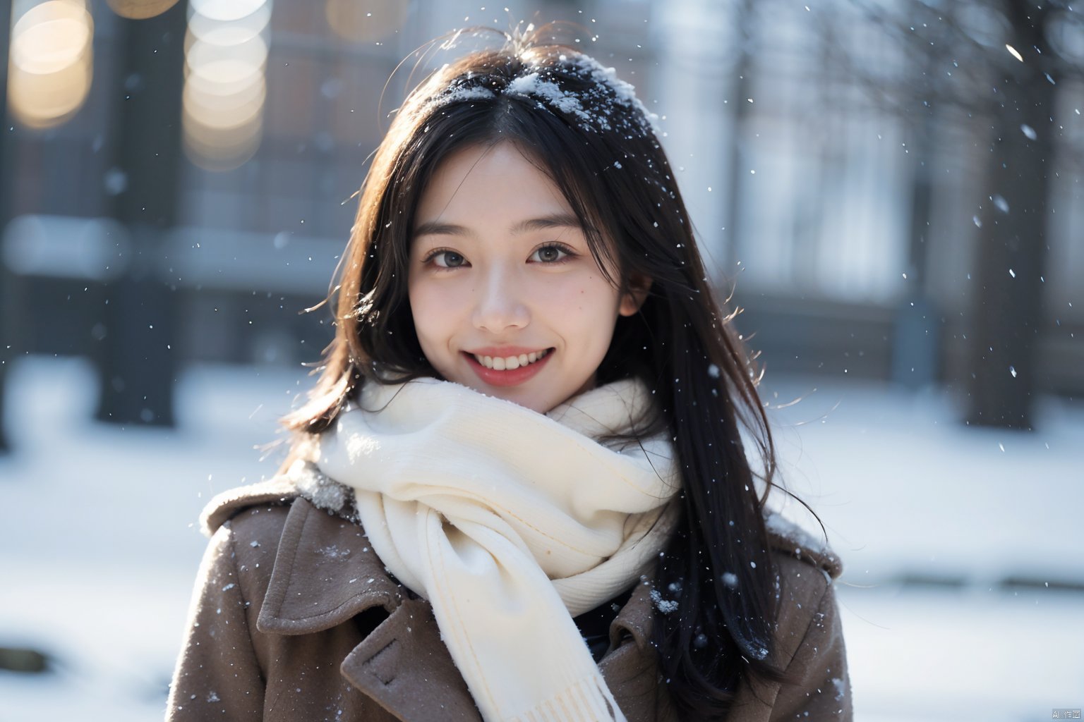  1girl,(snow:1.2),(snowing:1.2),snow,solo,scarf,long hair,smile,brown hair,bokeh,realistic,coat,blurry,